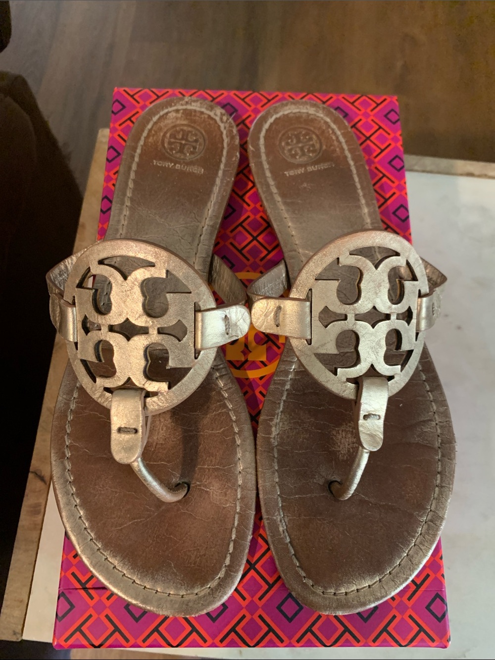 Tory Burch Metallic Rose Gold Miller Logo Thong Sandals